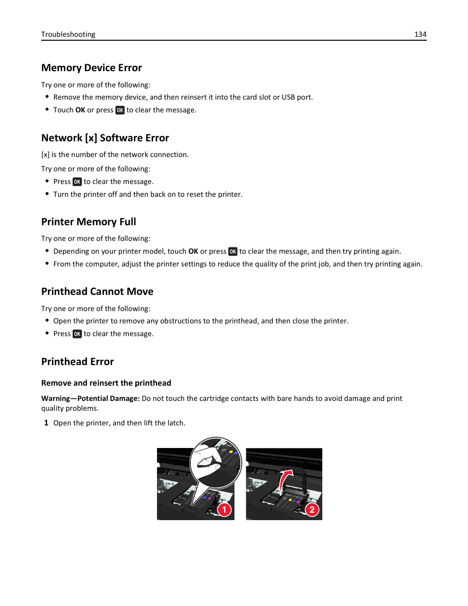Memory device error, Network [x] software error, Printer memory full | Printhead cannot move, Printhead error | Lexmark S510 User Manual | Page 134 / 189