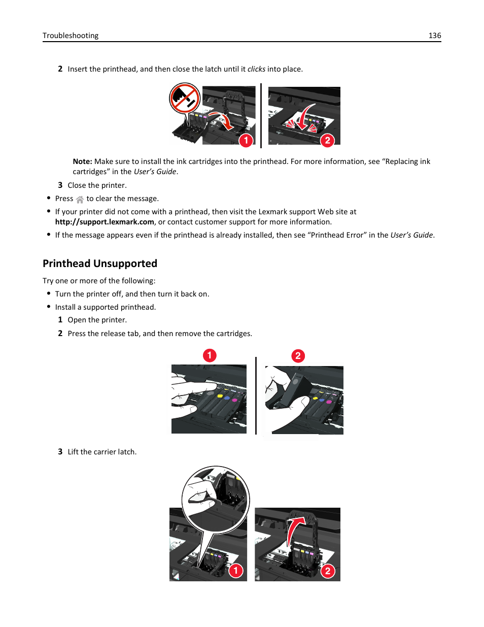 Printhead unsupported | Lexmark S510 User Manual | Page 136 / 189