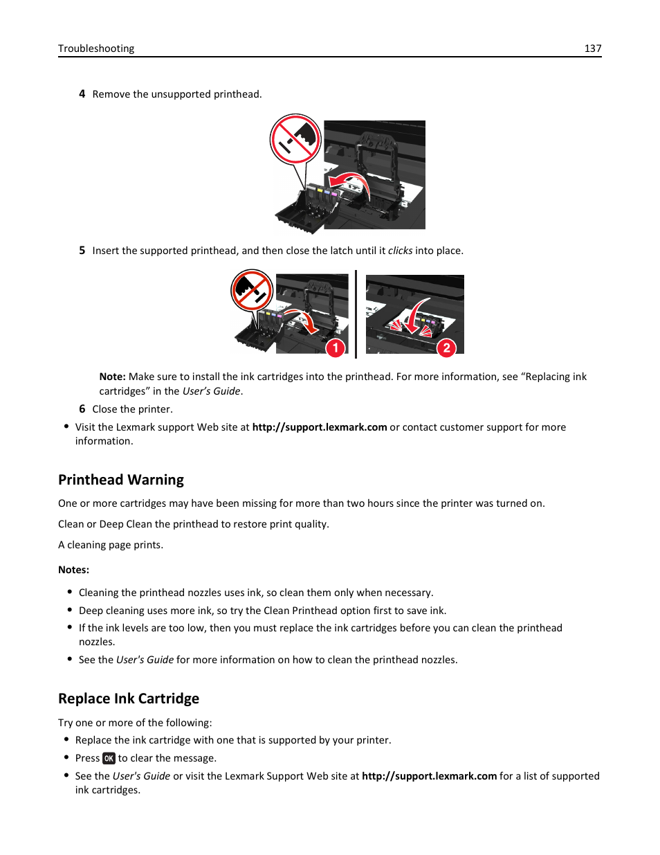 Printhead warning, Replace ink cartridge | Lexmark S510 User Manual | Page 137 / 189