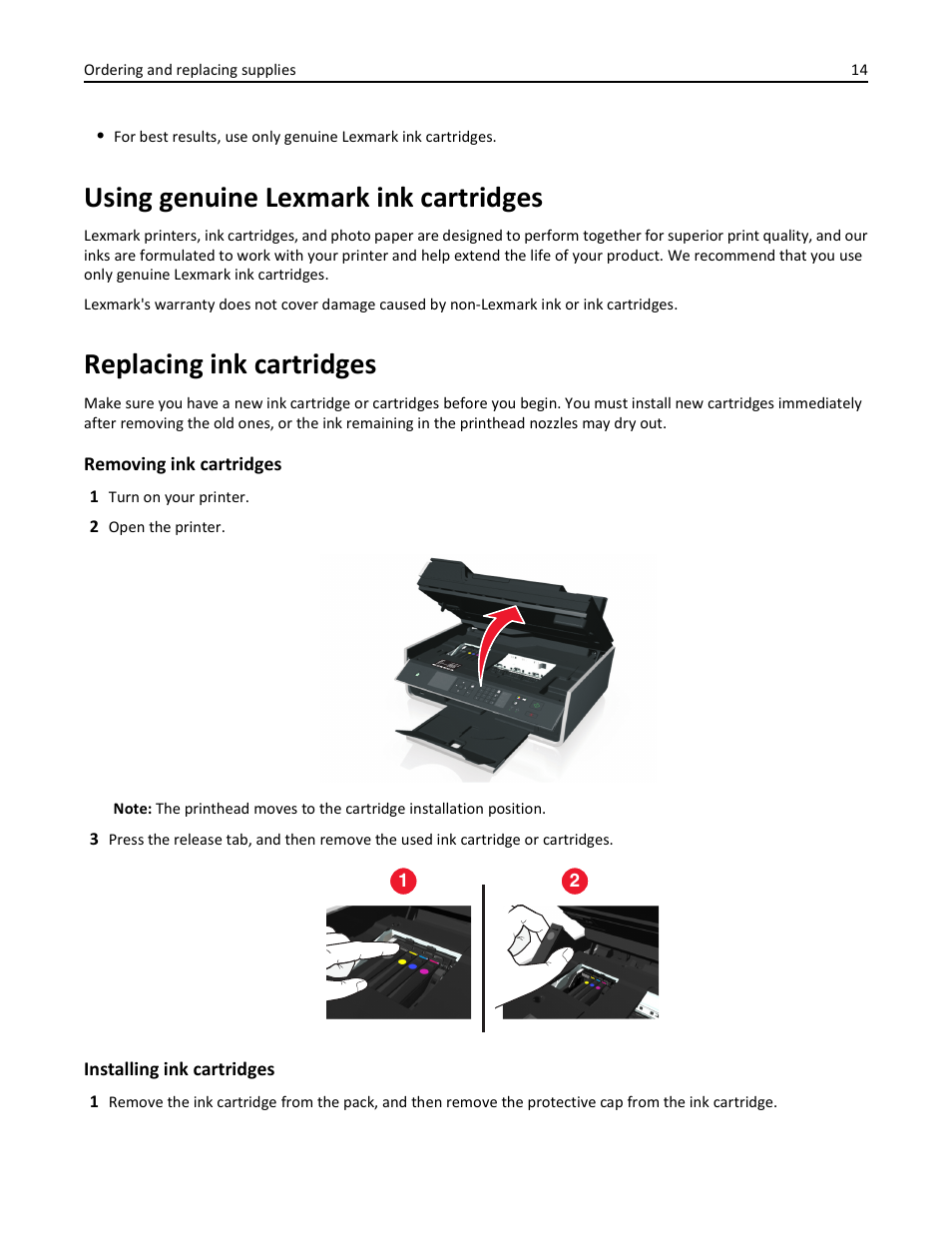 Using genuine lexmark ink cartridges, Replacing ink cartridges | Lexmark S510 User Manual | Page 14 / 189