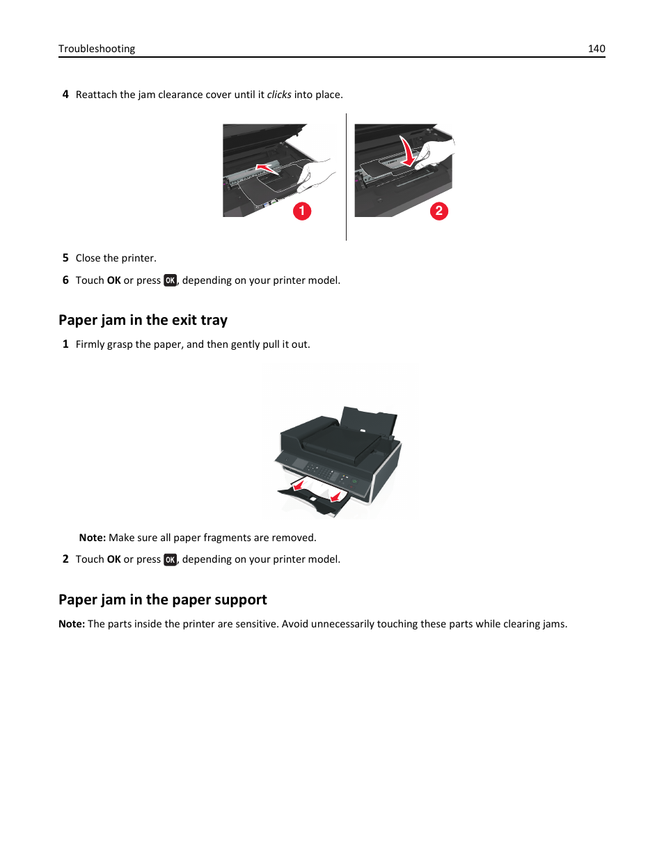 Paper jam in the exit tray, Paper jam in the paper support | Lexmark S510 User Manual | Page 140 / 189