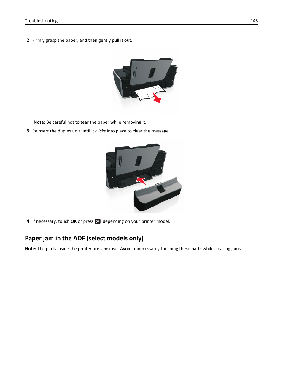 Paper jam in the adf (select models only) | Lexmark S510 User Manual | Page 143 / 189