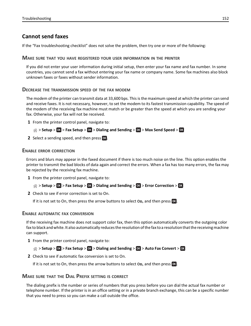 Cannot send faxes, Decrease the transmission speed of the fax modem, Enable error correction | Enable automatic fax conversion, Make sure that the dial prefix setting is correct | Lexmark S510 User Manual | Page 152 / 189