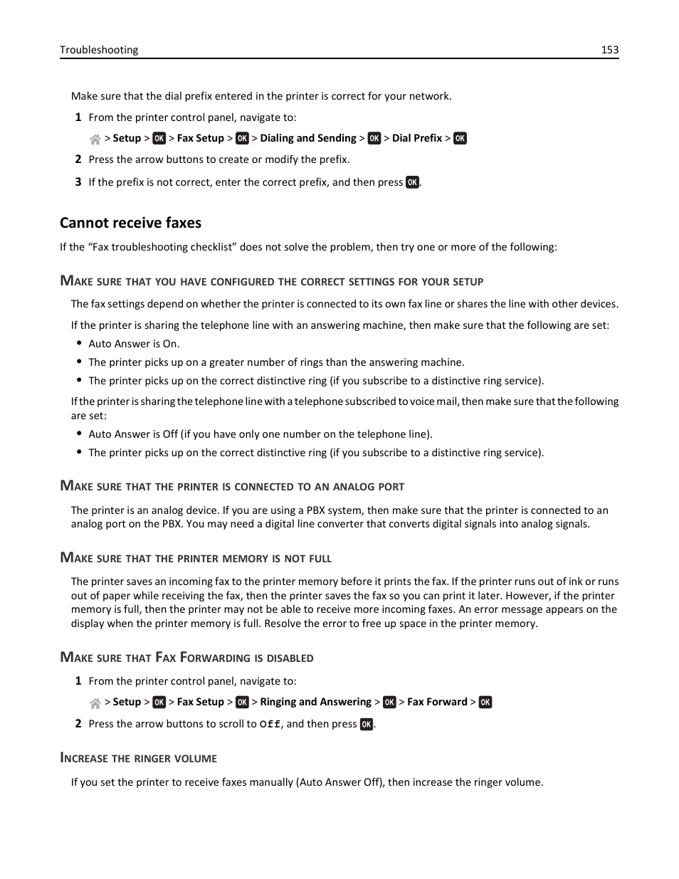Cannot receive faxes, Make sure that the printer memory is not full, Make sure that fax forwarding is disabled | Increase the ringer volume | Lexmark S510 User Manual | Page 153 / 189
