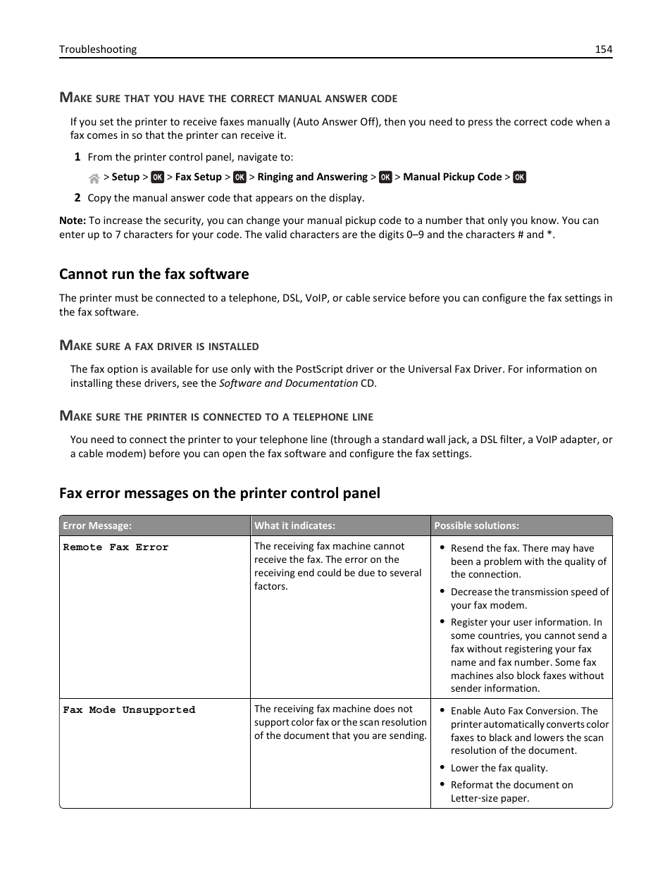 Cannot run the fax software, Make sure a fax driver is installed, Fax error messages on the printer control panel | Lexmark S510 User Manual | Page 154 / 189