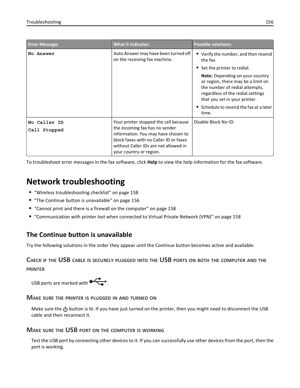 Network troubleshooting, The continue button is unavailable, Make sure the printer is plugged in and turned on | Make sure the usb port on the computer is working | Lexmark S510 User Manual | Page 156 / 189