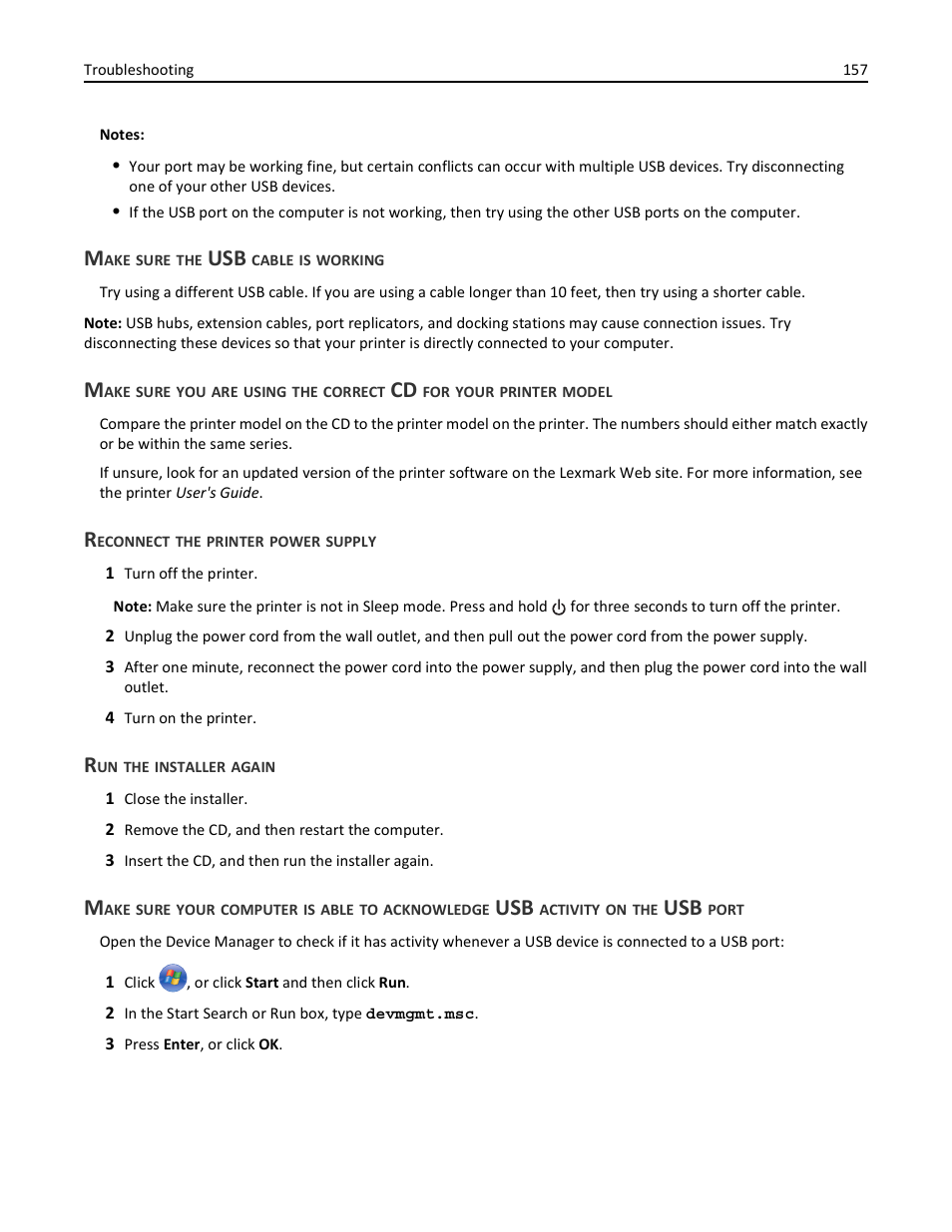 Make sure the usb cable is working, Reconnect the printer power supply, Run the installer again | Lexmark S510 User Manual | Page 157 / 189