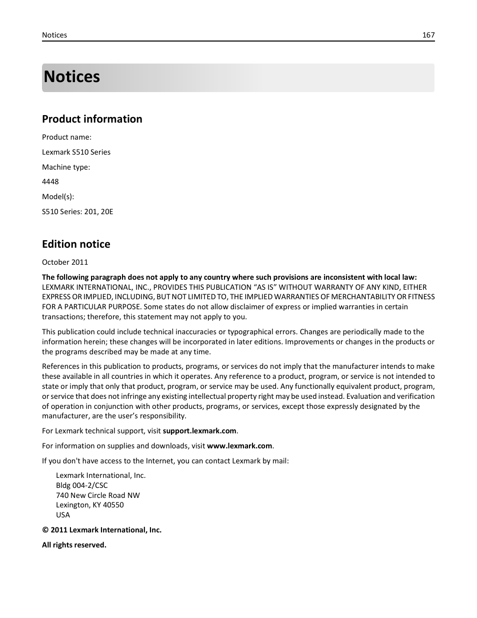 Notices, Product information, Edition notice | Lexmark S510 User Manual | Page 167 / 189