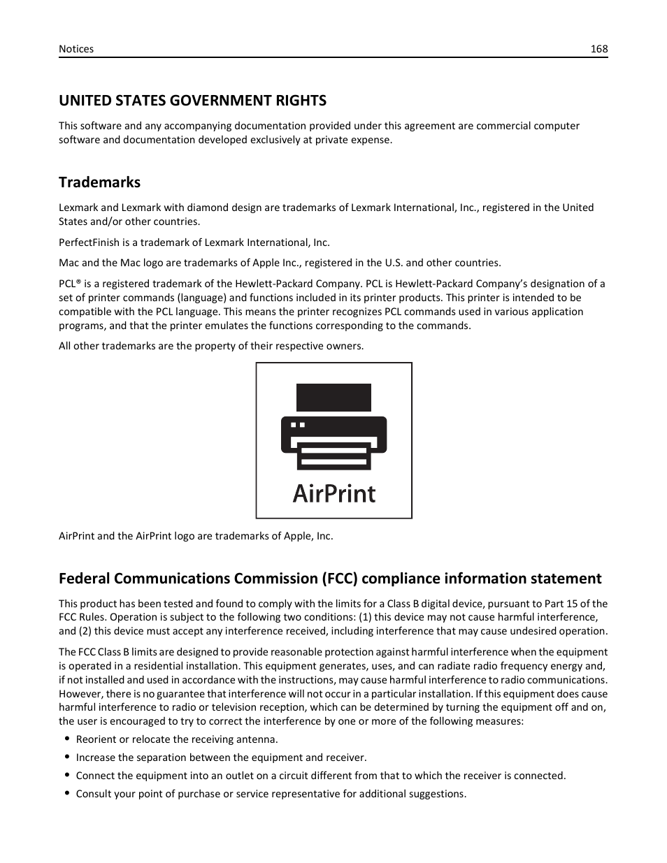 United states government rights, Trademarks | Lexmark S510 User Manual | Page 168 / 189