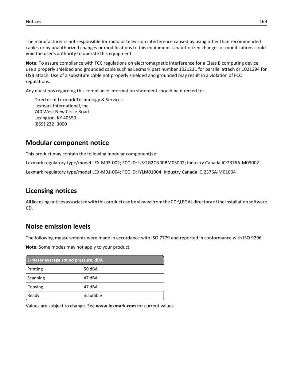 Modular component notice, Licensing notices, Noise emission levels | Lexmark S510 User Manual | Page 169 / 189