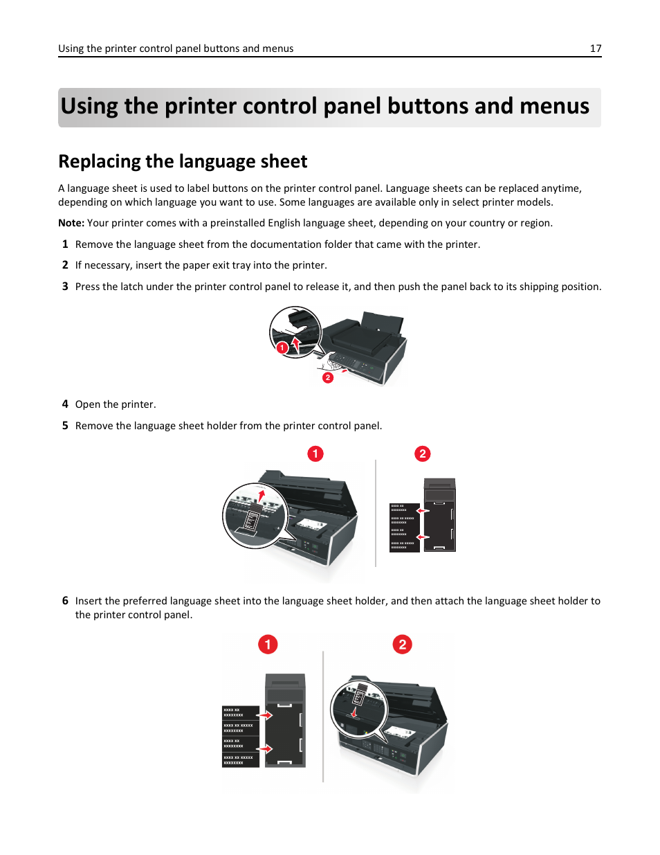 Using the printer control panel buttons and menus, Replacing the language sheet | Lexmark S510 User Manual | Page 17 / 189