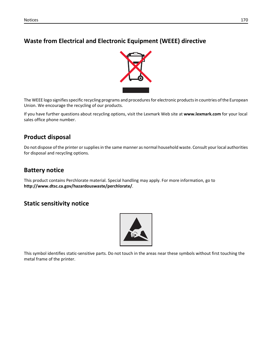 Product disposal, Battery notice, Static sensitivity notice | Lexmark S510 User Manual | Page 170 / 189