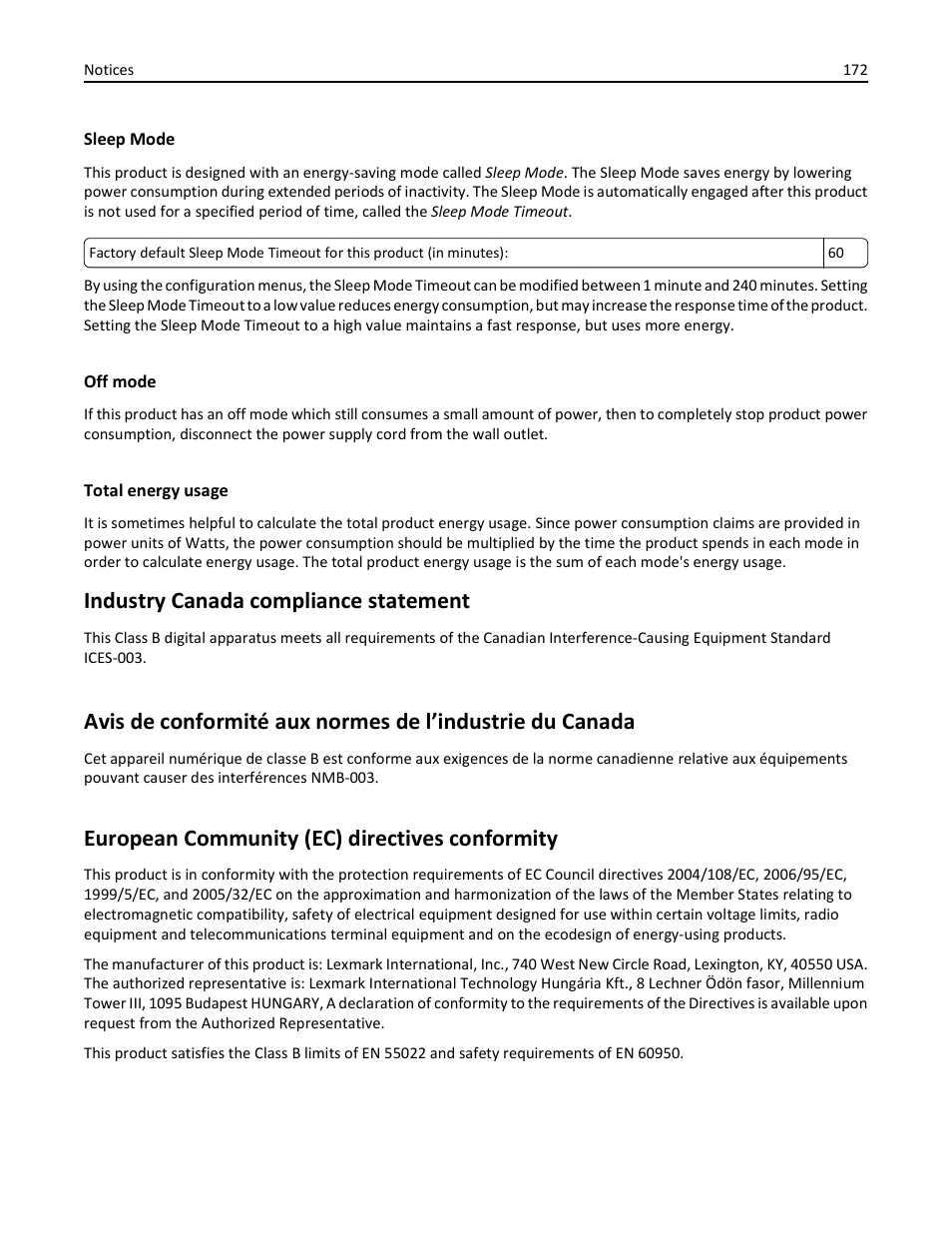 Sleep mode, Off mode, Total energy usage | European community (ec) directives conformity, Industry canada compliance statement | Lexmark S510 User Manual | Page 172 / 189