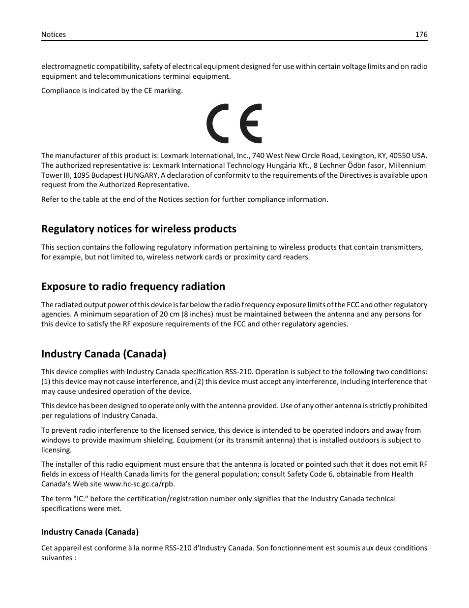 Regulatory notices for wireless products, Exposure to radio frequency radiation, Industry canada (canada) | Lexmark S510 User Manual | Page 176 / 189