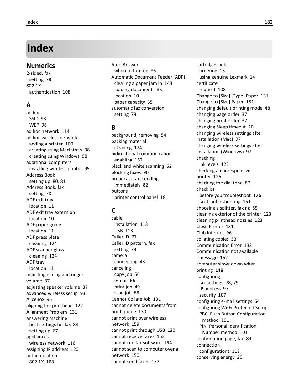 Index, Numerics | Lexmark S510 User Manual | Page 182 / 189