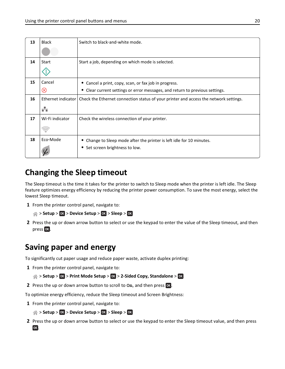 Changing the sleep timeout, Saving paper and energy | Lexmark S510 User Manual | Page 20 / 189