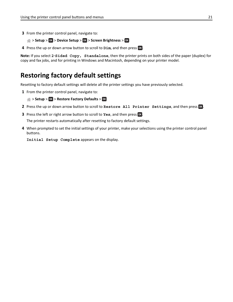 Restoring factory default settings | Lexmark S510 User Manual | Page 21 / 189