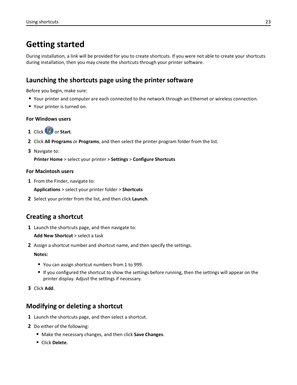 Getting started, Creating a shortcut, Modifying or deleting a shortcut | Lexmark S510 User Manual | Page 23 / 189