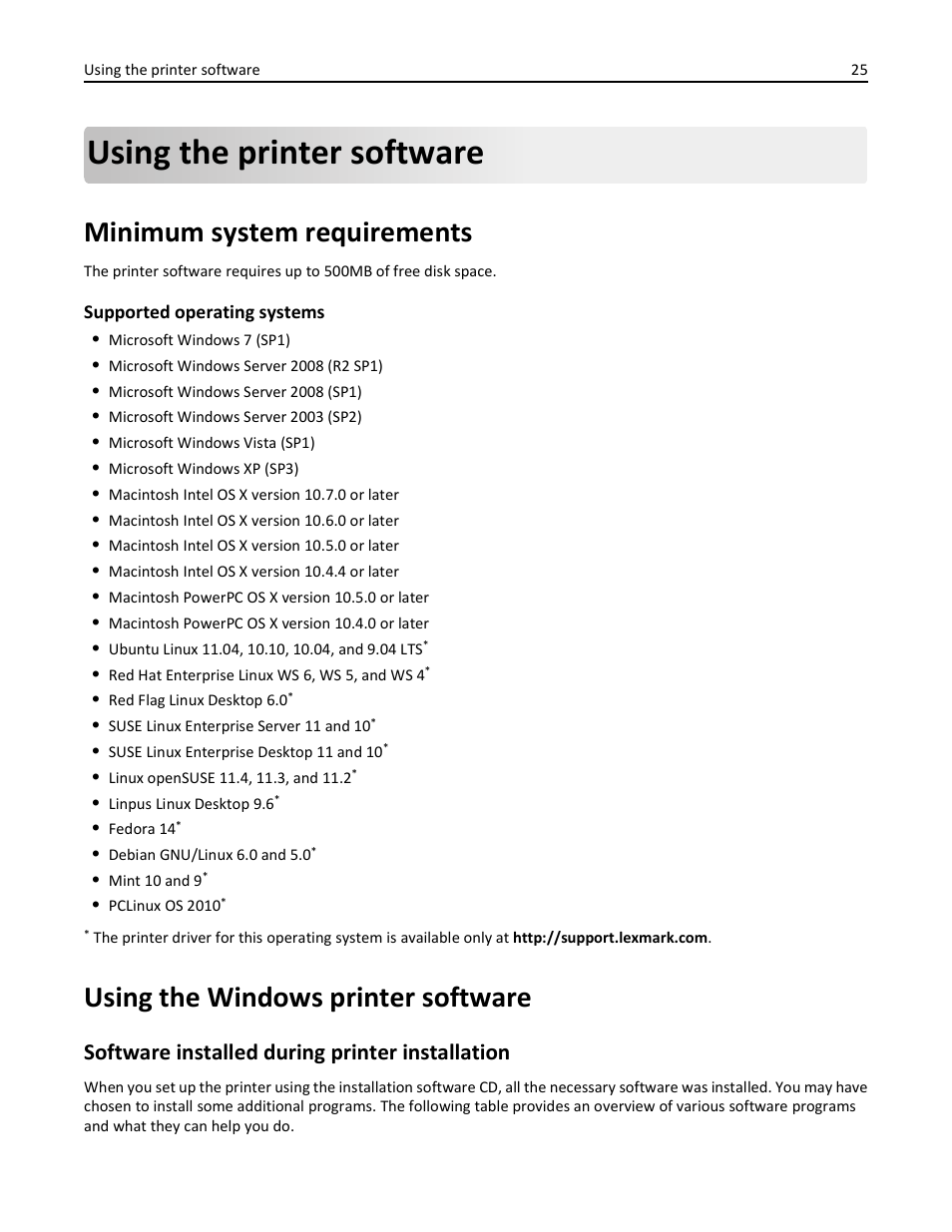 Using the printer software, Minimum system requirements, Using the windows printer software | Software installed during printer installation | Lexmark S510 User Manual | Page 25 / 189