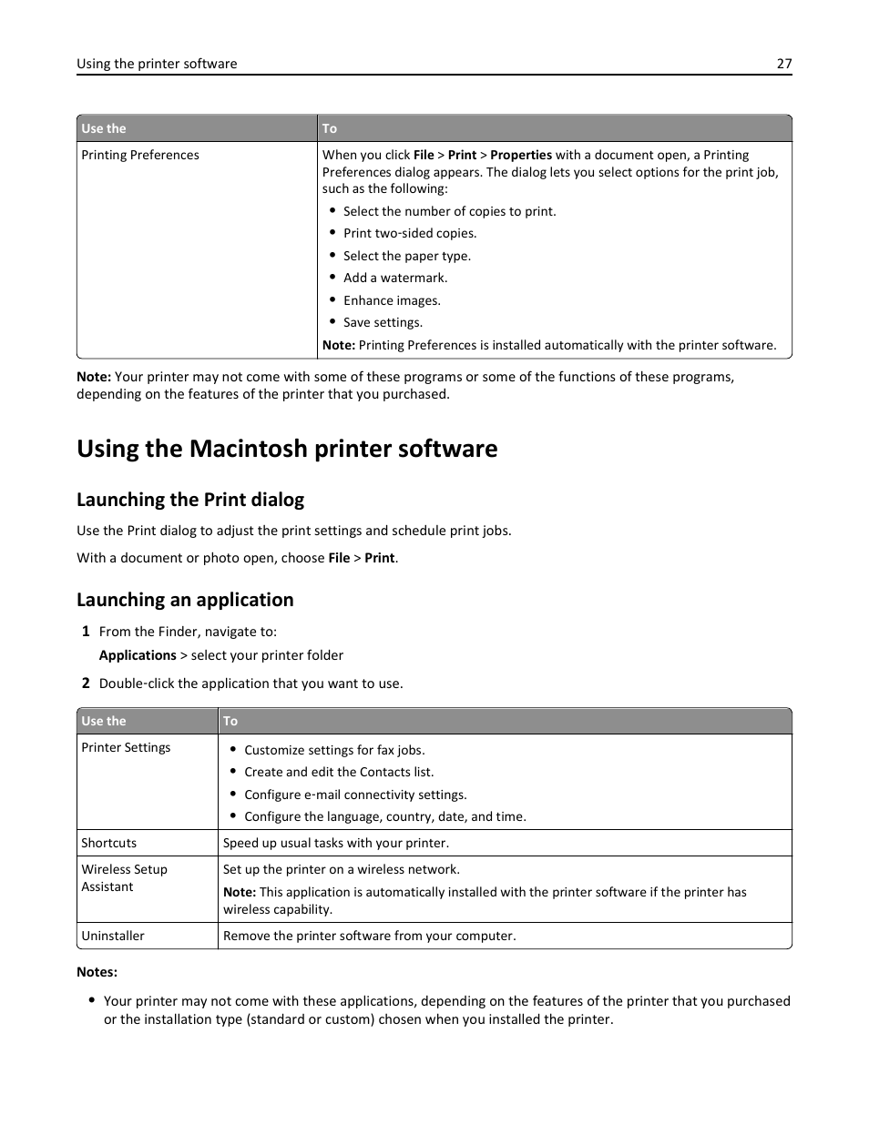 Using the macintosh printer software, Launching the print dialog, Launching an application | Lexmark S510 User Manual | Page 27 / 189
