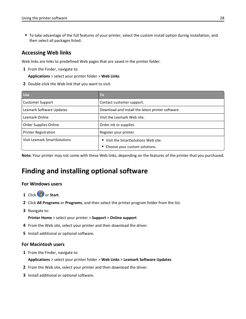 Finding and installing optional software, Accessing web links | Lexmark S510 User Manual | Page 28 / 189