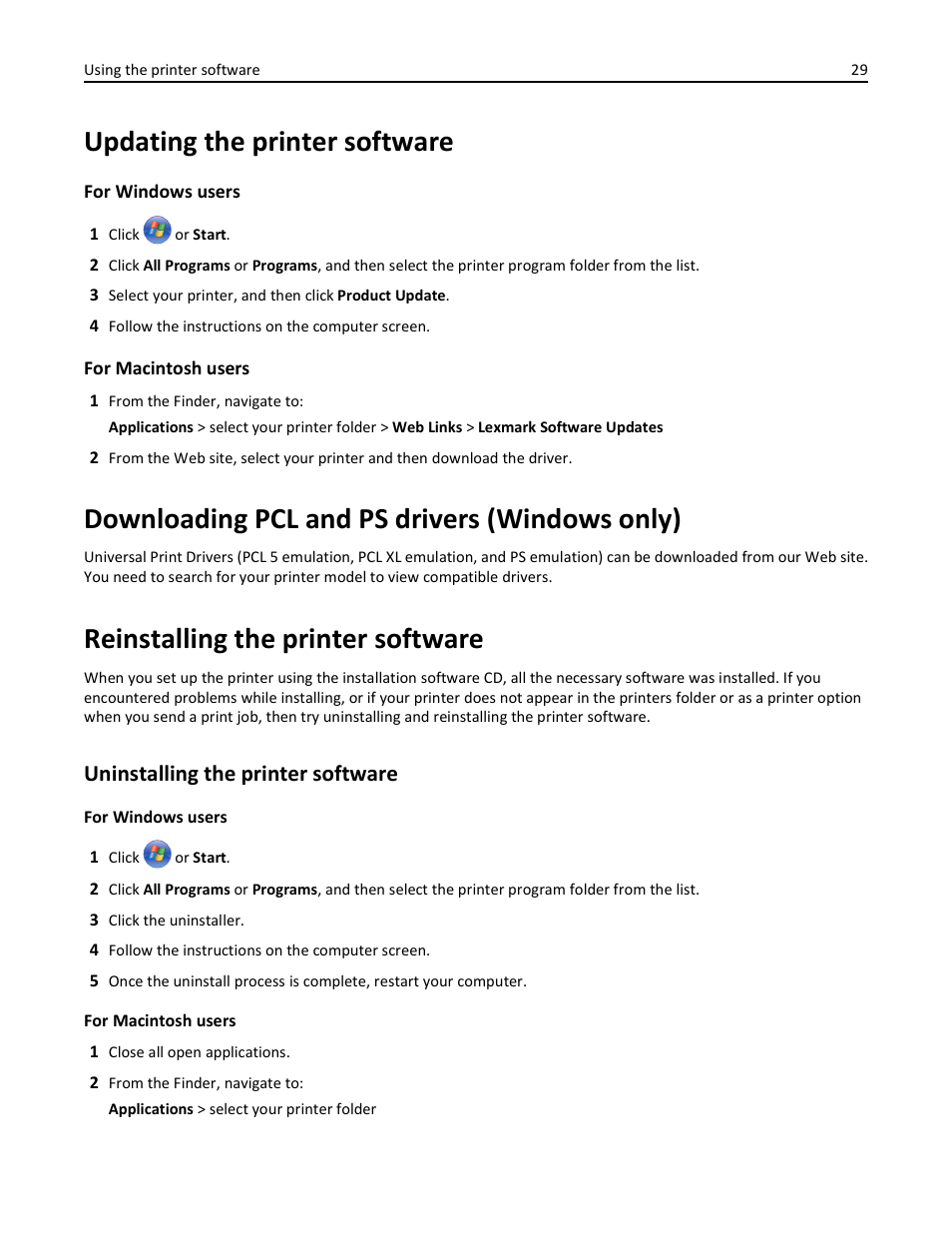 Updating the printer software, Downloading pcl and ps drivers (windows only), Reinstalling the printer software | Uninstalling the printer software | Lexmark S510 User Manual | Page 29 / 189