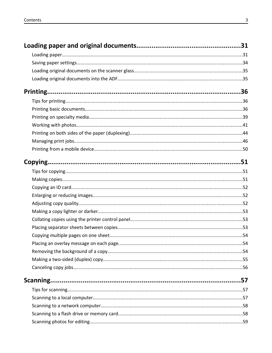 Loading paper and original documents, Printing, Copying | Scanning | Lexmark S510 User Manual | Page 3 / 189