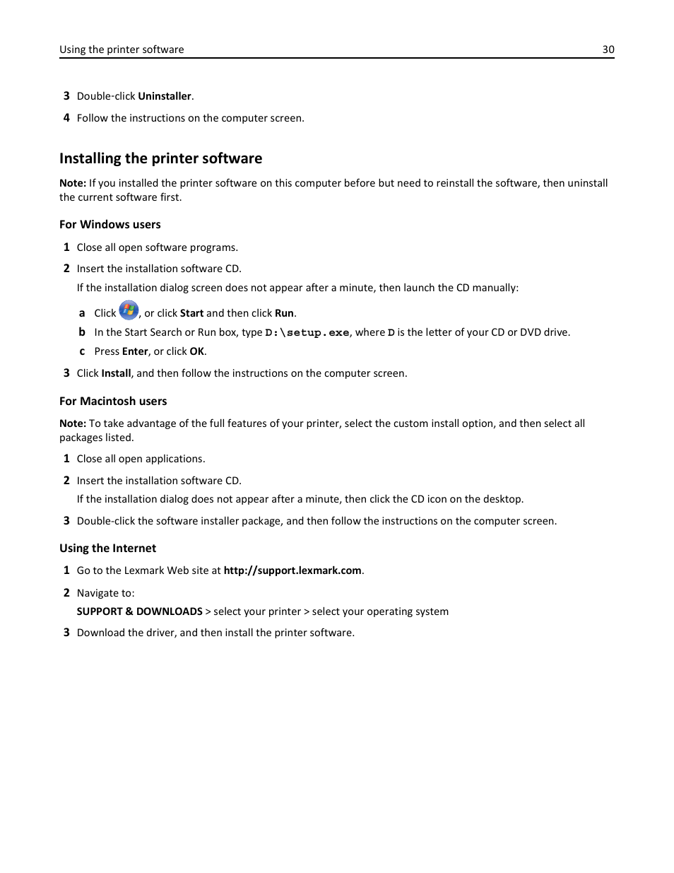 Installing the printer software | Lexmark S510 User Manual | Page 30 / 189