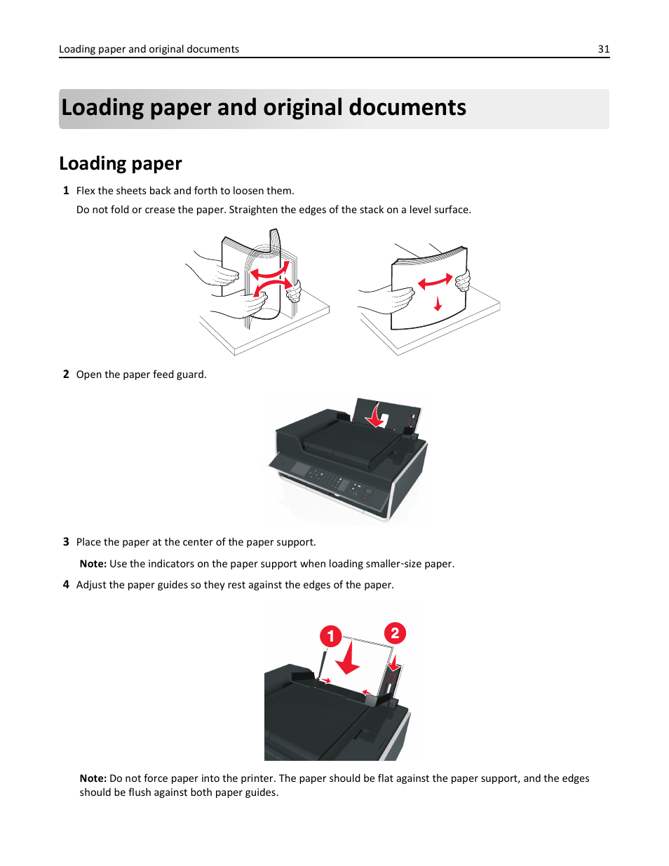 Loading paper and original documents, Loading paper | Lexmark S510 User Manual | Page 31 / 189