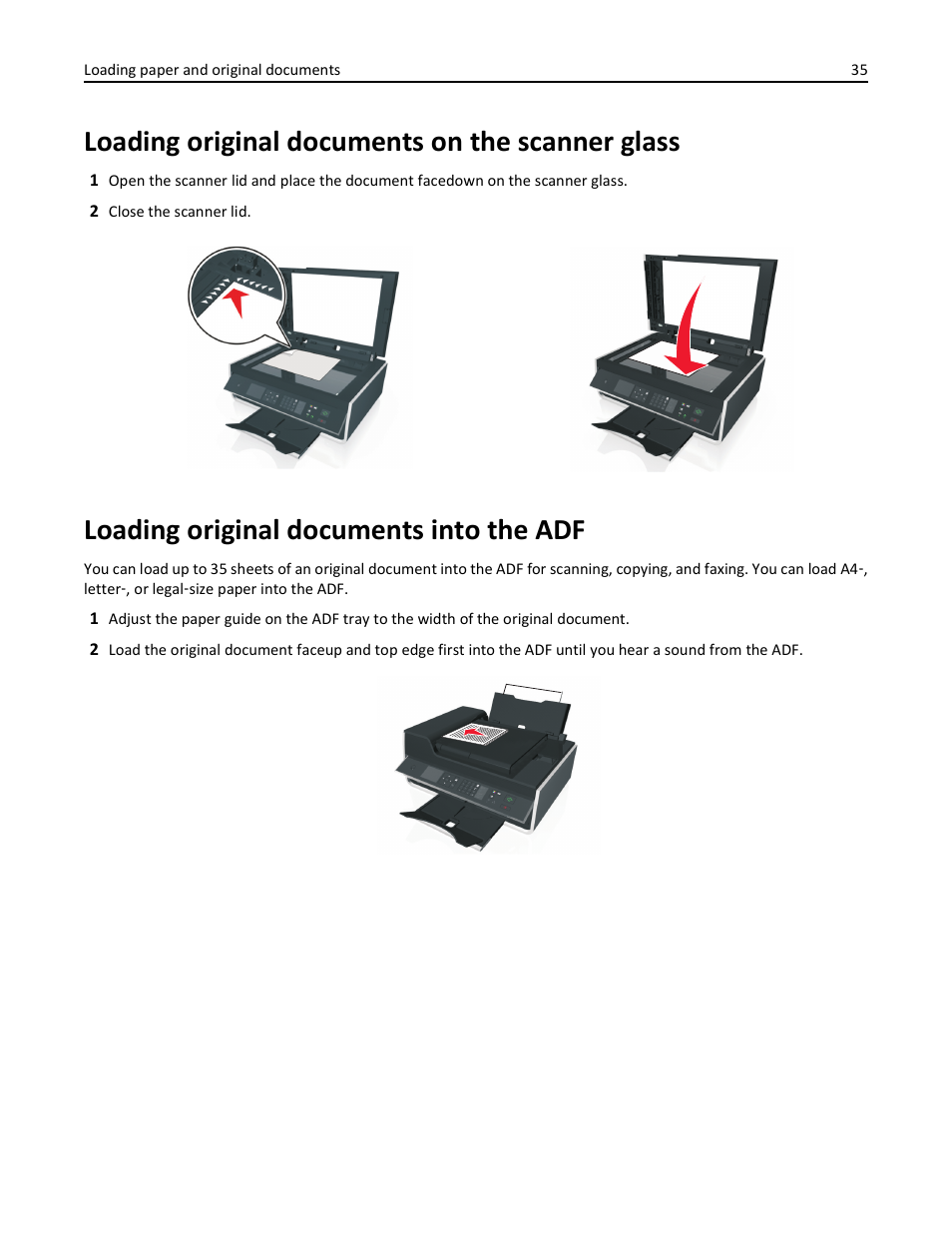 Loading original documents on the scanner glass, Loading original documents into the adf | Lexmark S510 User Manual | Page 35 / 189