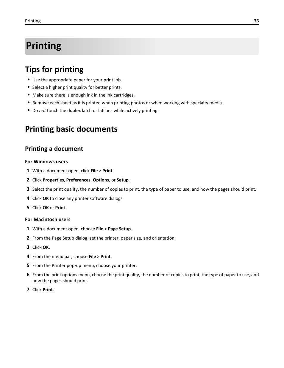 Printing, Tips for printing, Printing basic documents | Printing a document | Lexmark S510 User Manual | Page 36 / 189