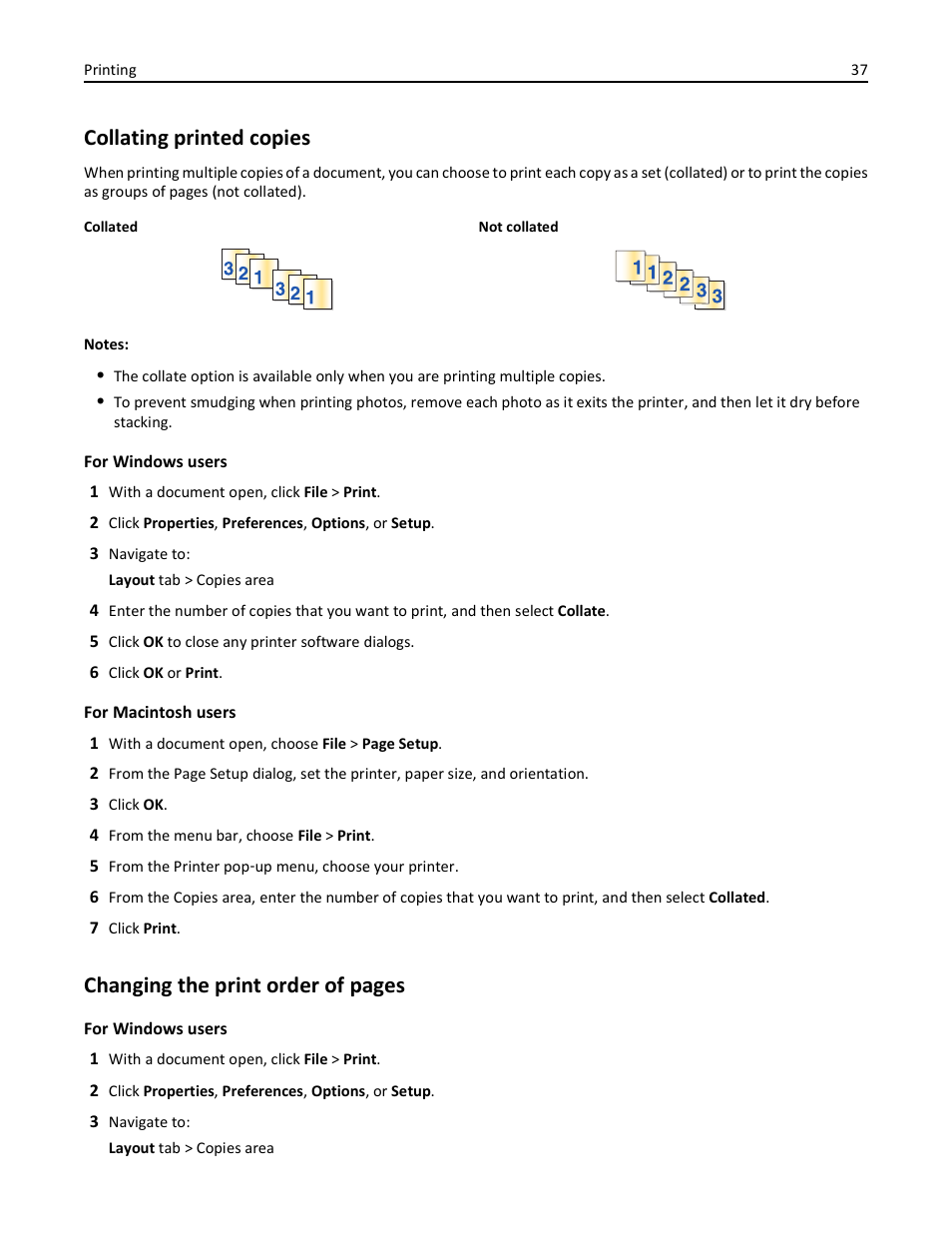 Collating printed copies, Changing the print order of pages | Lexmark S510 User Manual | Page 37 / 189
