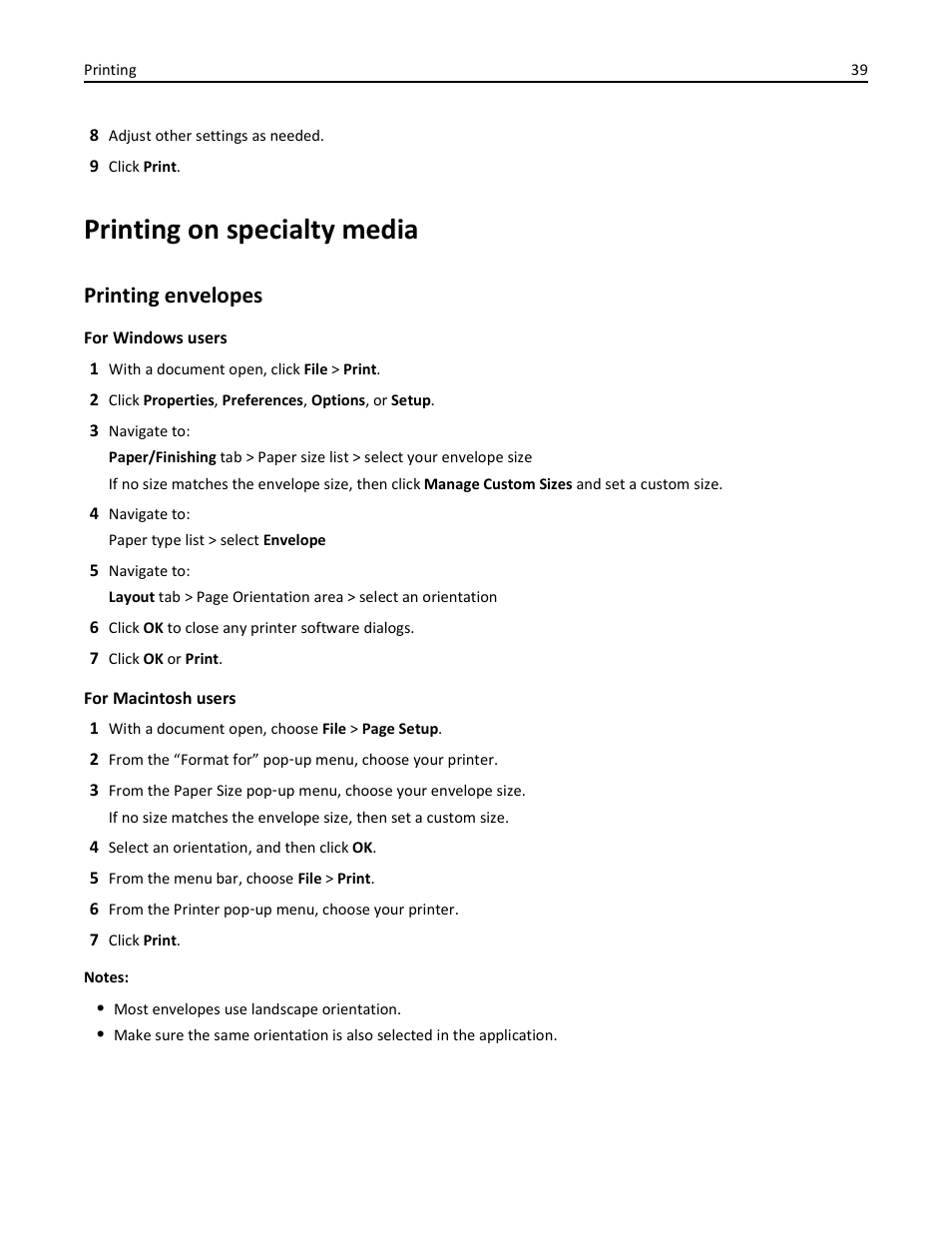 Printing on specialty media, Printing envelopes | Lexmark S510 User Manual | Page 39 / 189