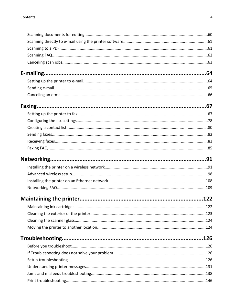 E-mailing, Faxing, Networking | Maintaining the printer, Troubleshooting | Lexmark S510 User Manual | Page 4 / 189