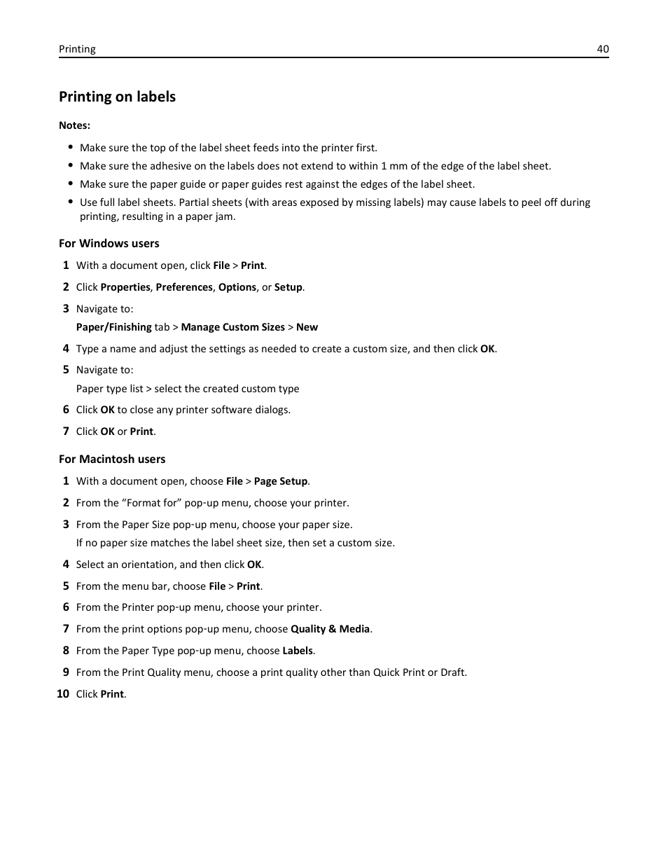 Printing on labels | Lexmark S510 User Manual | Page 40 / 189