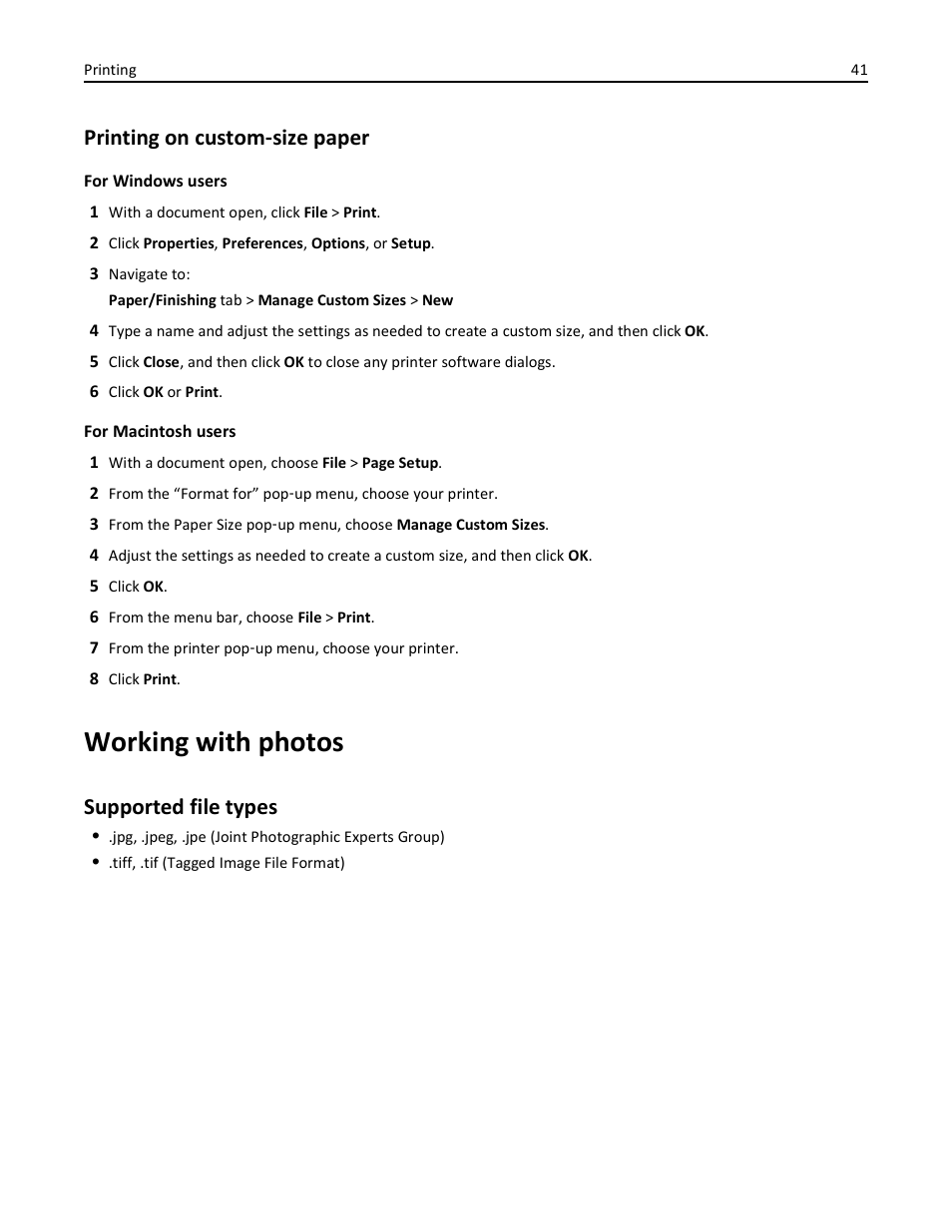 Printing on custom-size paper, Working with photos, Supported file types | Printing on custom ‑ size paper | Lexmark S510 User Manual | Page 41 / 189