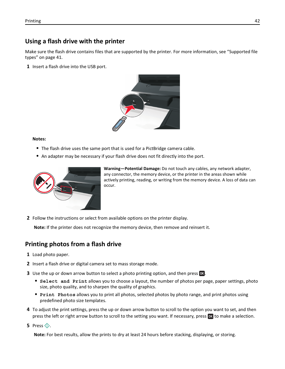 Using a flash drive with the printer, Printing photos from a flash drive | Lexmark S510 User Manual | Page 42 / 189