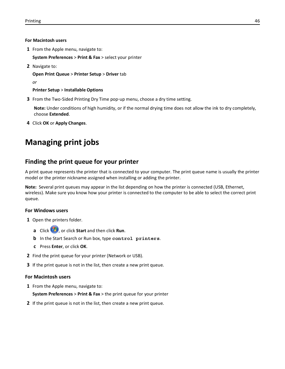Managing print jobs, Finding the print queue for your printer | Lexmark S510 User Manual | Page 46 / 189