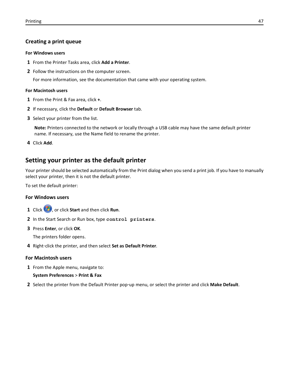 Setting your printer as the default printer | Lexmark S510 User Manual | Page 47 / 189