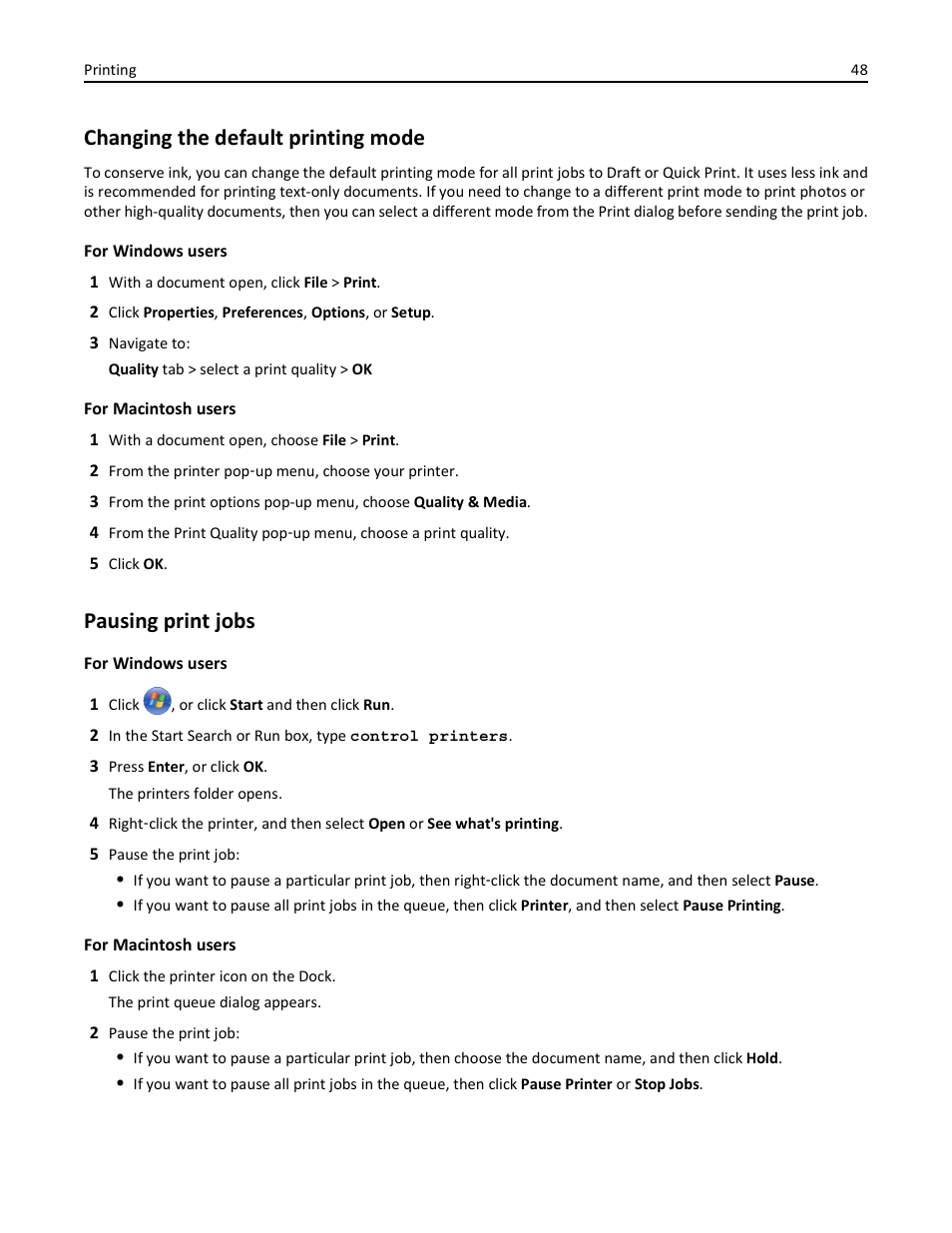 Changing the default printing mode, Pausing print jobs | Lexmark S510 User Manual | Page 48 / 189