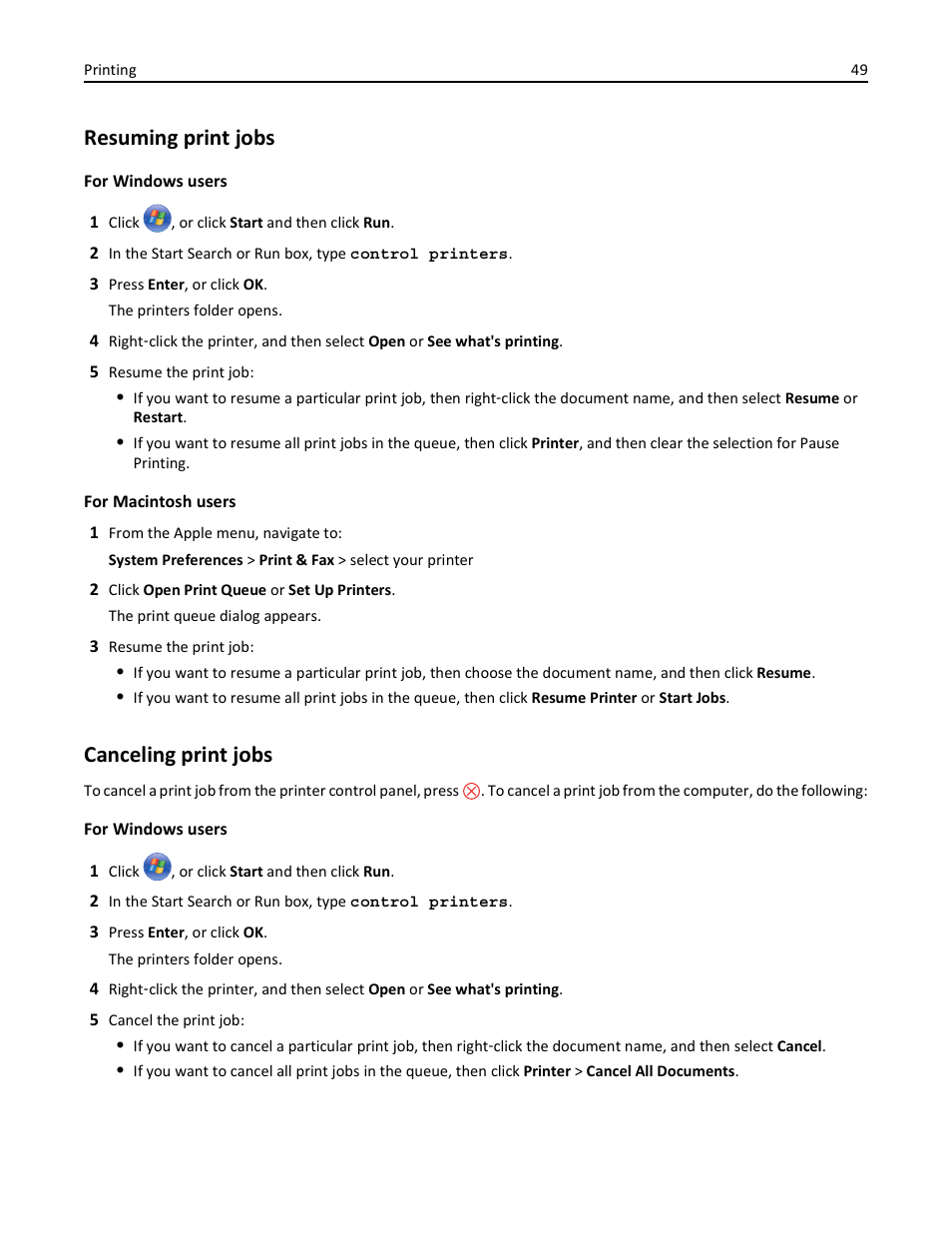 Resuming print jobs, Canceling print jobs | Lexmark S510 User Manual | Page 49 / 189