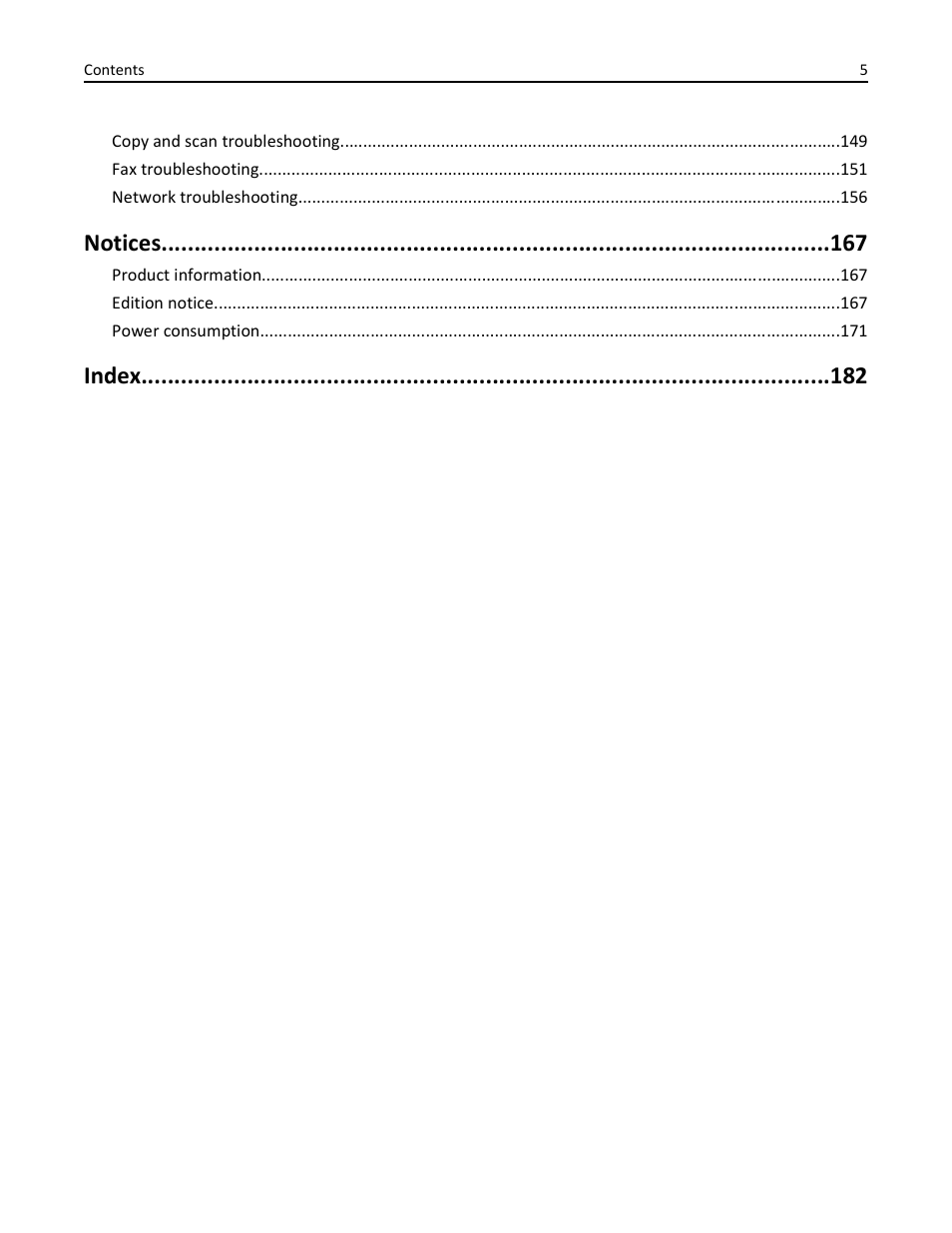 Notices, Index | Lexmark S510 User Manual | Page 5 / 189