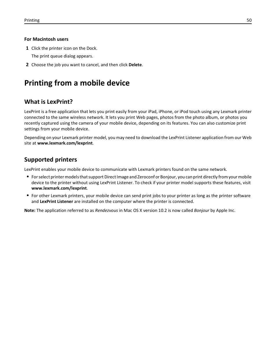 Printing from a mobile device, What is lexprint, Supported printers | Lexmark S510 User Manual | Page 50 / 189