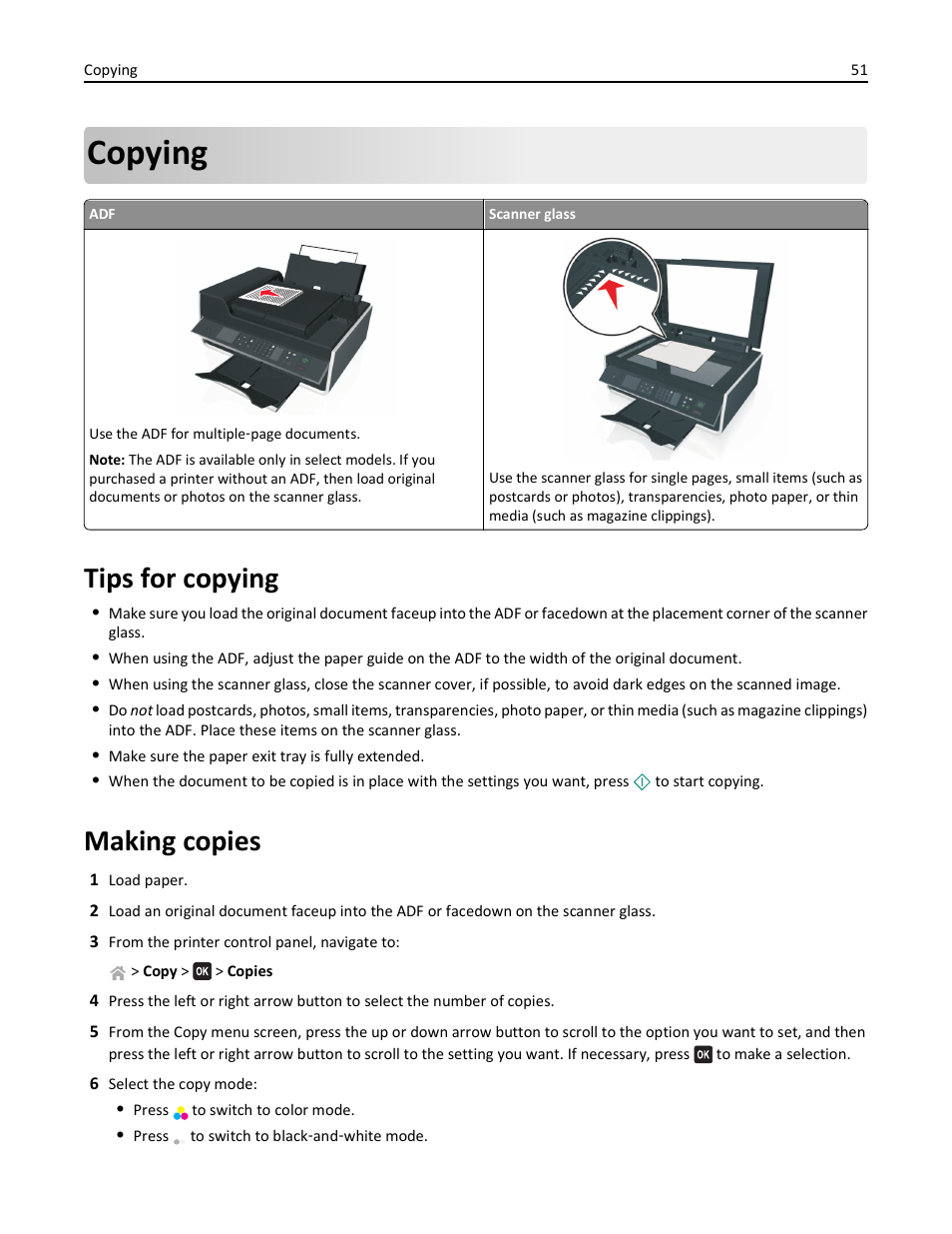 Copying, Tips for copying, Making copies | Lexmark S510 User Manual | Page 51 / 189