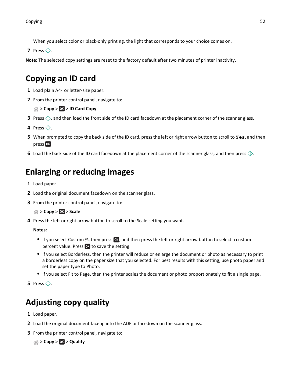 Copying an id card, Enlarging or reducing images, Adjusting copy quality | Lexmark S510 User Manual | Page 52 / 189
