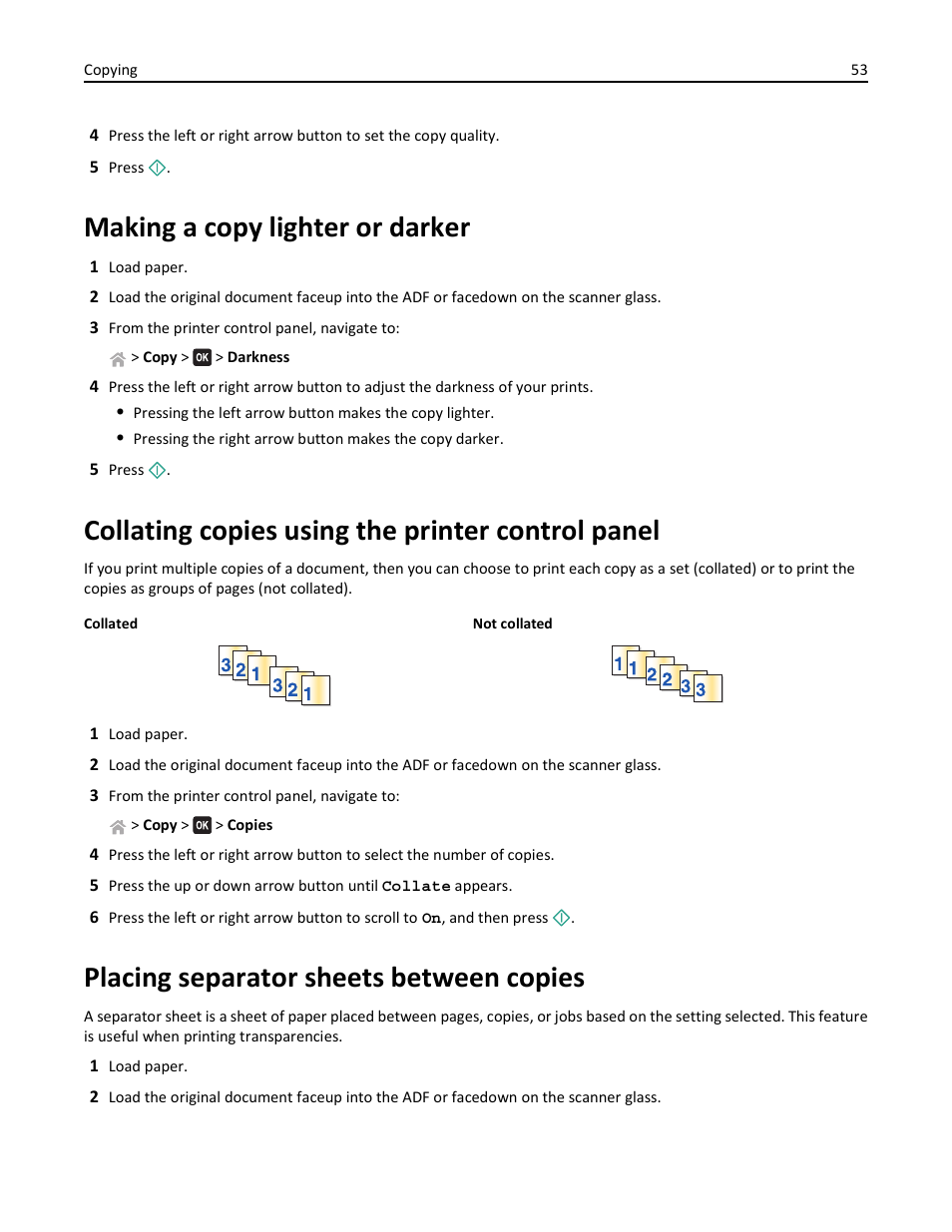 Making a copy lighter or darker, Collating copies using the printer control panel, Placing separator sheets between copies | Lexmark S510 User Manual | Page 53 / 189