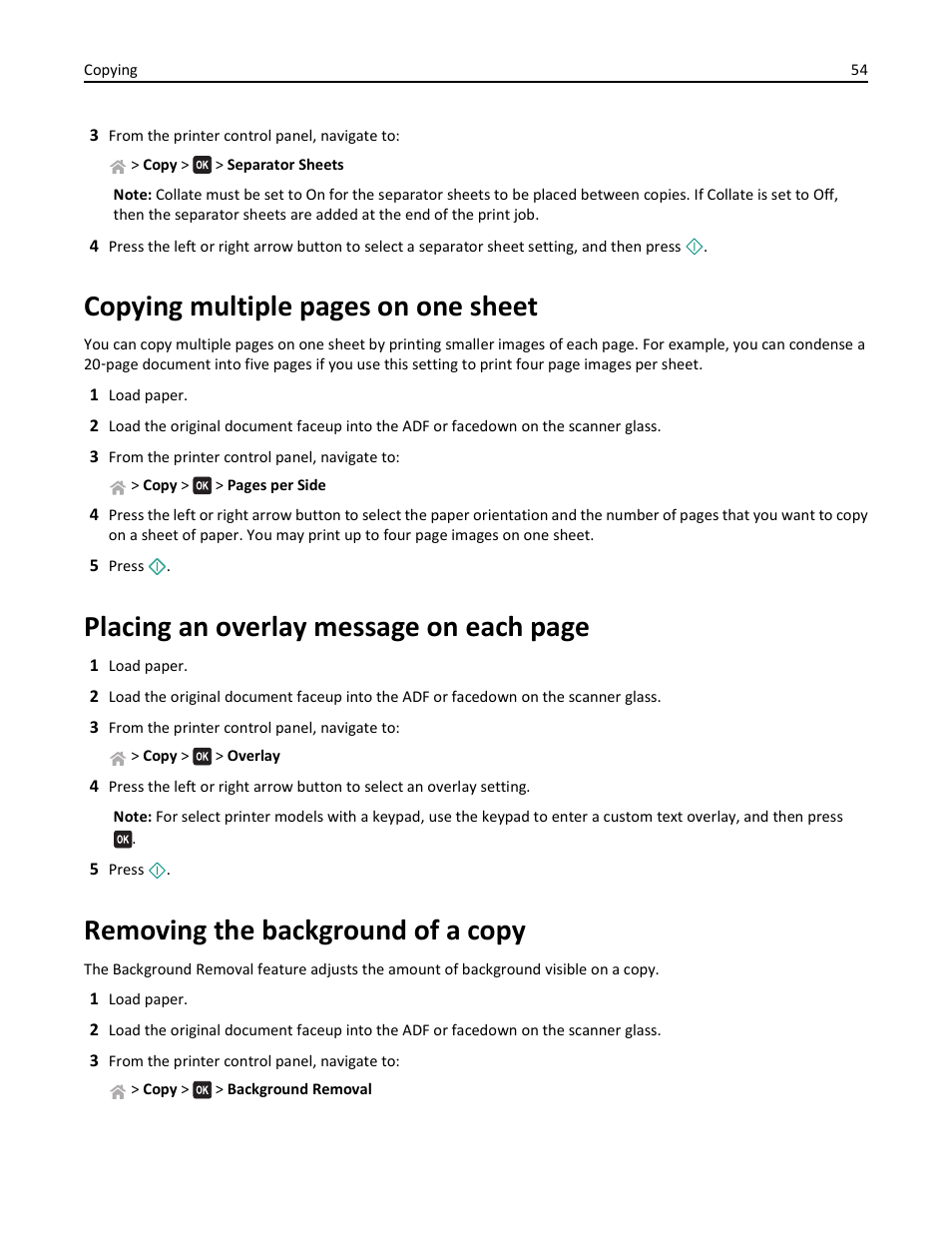 Removing the background of a copy, Copying multiple pages on one sheet, Placing an overlay message on each page | Lexmark S510 User Manual | Page 54 / 189