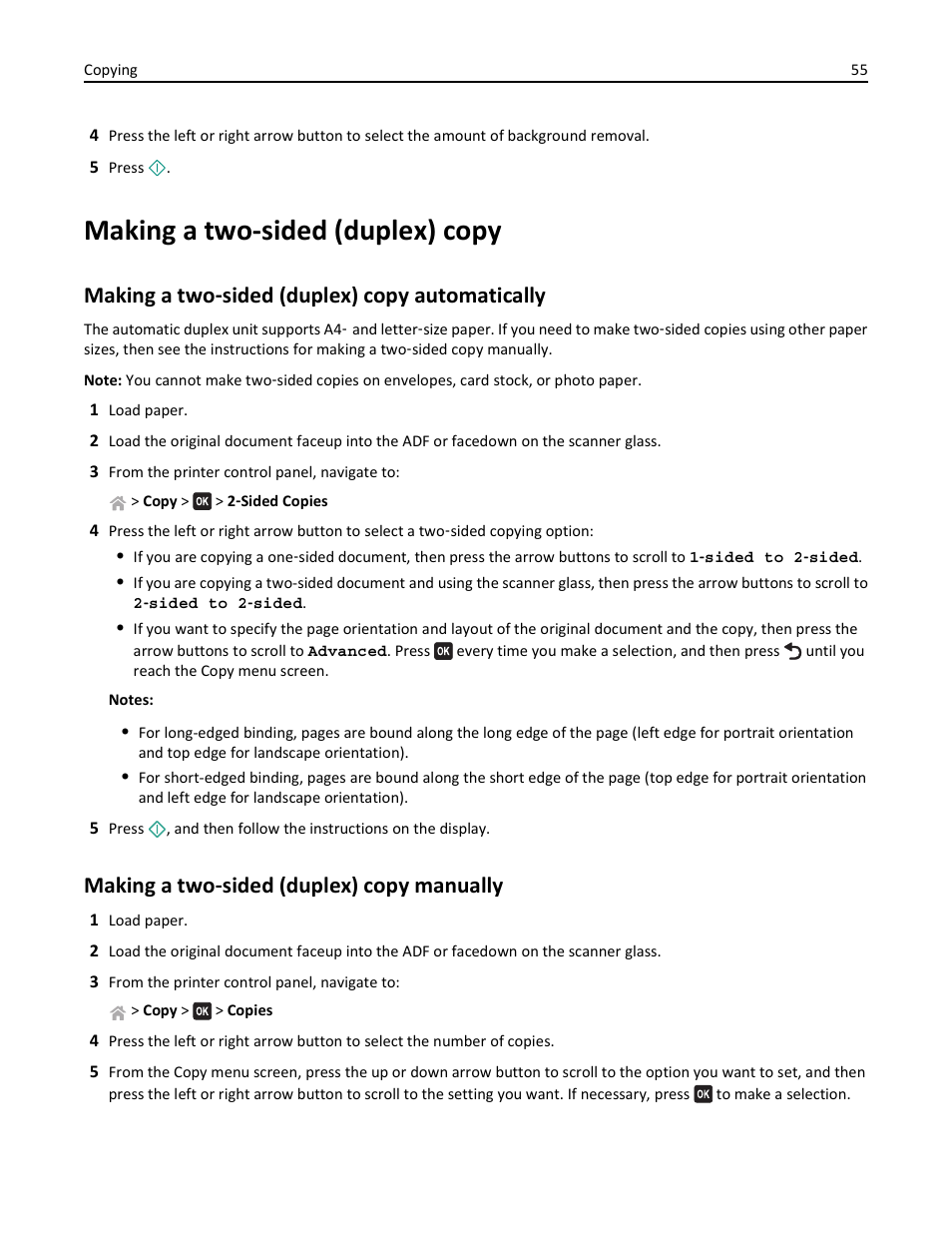 Making a two-sided (duplex) copy, Making a two-sided (duplex) copy automatically, Making a two-sided (duplex) copy manually | Making a two ‑ sided (duplex) copy automatically, Making a two ‑ sided (duplex) copy manually | Lexmark S510 User Manual | Page 55 / 189