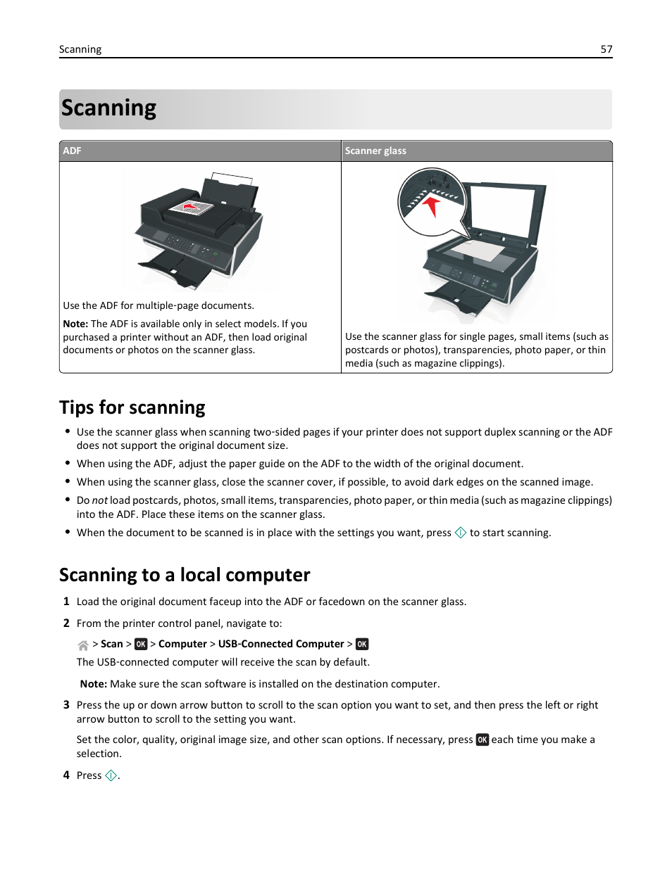 Scanning, Tips for scanning, Scanning to a local computer | Lexmark S510 User Manual | Page 57 / 189