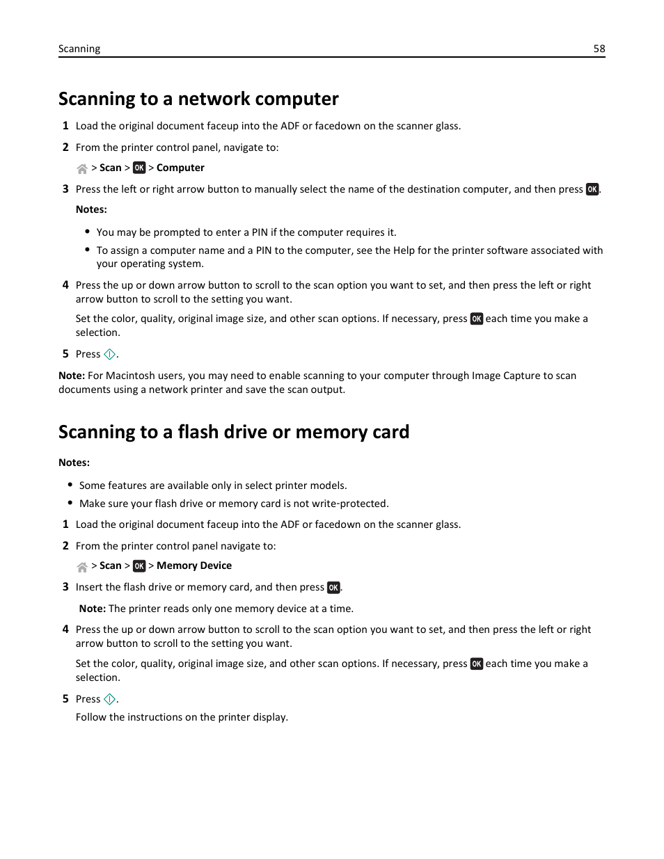 Scanning to a network computer, Scanning to a flash drive or memory card | Lexmark S510 User Manual | Page 58 / 189